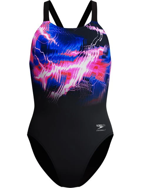 Speedo Placement Print Leaderback One Piece - Electro Static/Black 3 Speedo Placement Print Leaderback One Piece - Electro Static/Black